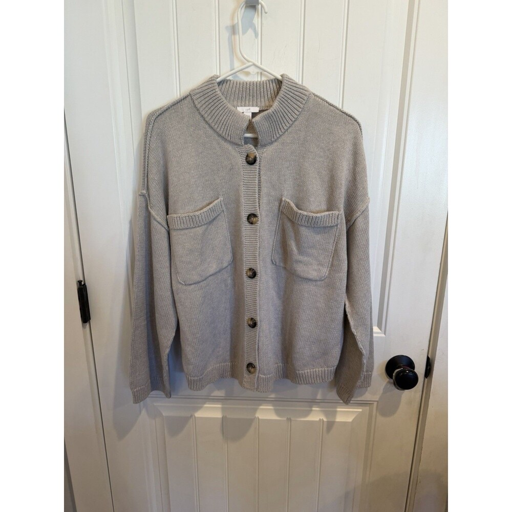 J.Jill Women M Gray Sweater Jacket Cardigan Button Front Patch Pockets Oversized